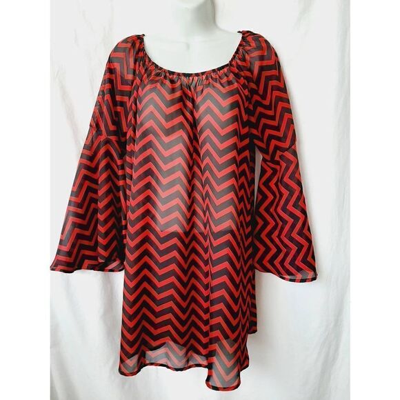 J Mode red black chevron Y2K Bohemian Goth sheer boho sz 1X blouse - Picture 1 of 3